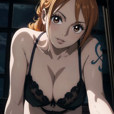 one piece, nami, nami (one piece), stable diffusion, 1girls, all fours, bef, big breasts, bra, breasts, busty, cleavage, full moon, lingerie, long hair