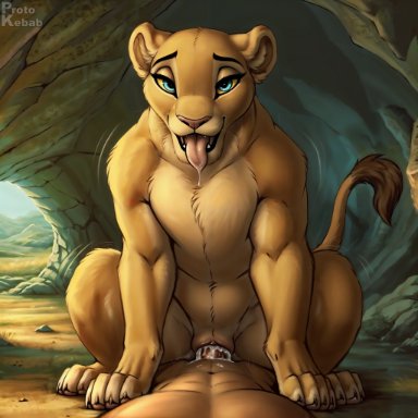 the lion king, nala, nala (the lion king), protokebab, stable diffusion, 1boy, 1girls, animal genitalia, animal pussy, anus, bedroom eyes, blue eyes, cave, cowgirl position, cum