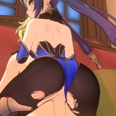 genshin impact, aether (genshin impact), mona (genshin impact), harkeyo, 1boy, 1girls, ass, ass focus, ass grab, big ass, big butt, black hair, blue eyes, blue hair, bodysuit