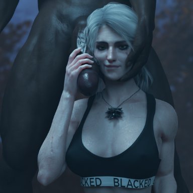 blacked, the witcher (series), the witcher 3: wild hunt, ciri, currysfm, 1boy1girl, 1girls, before oral, before sex, big hands, bigger male, blacked clothing, bra only, breasts, clothed female