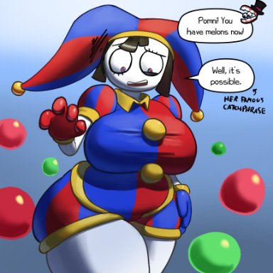 the amazing digital circus, caine, pomni, unknown artist, breasts, clown, solo, thick thighs, speech bubble