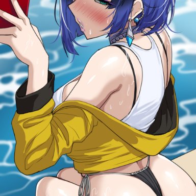 genshin impact, yelan (genshin impact), drogod (artist), 1girls, ass, blue hair, breasts, dat ass, female, green eyes, huge ass, huge breasts, light skin, light-skinned female, short hair