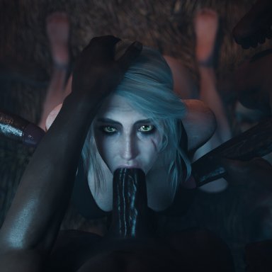 blacked, the witcher (series), the witcher 3: wild hunt, ciri, currysfm, 3boys, 3boys1girl, abs, big cock, big hands, big penis, blacked clothing, blowbang, blowjob, bra