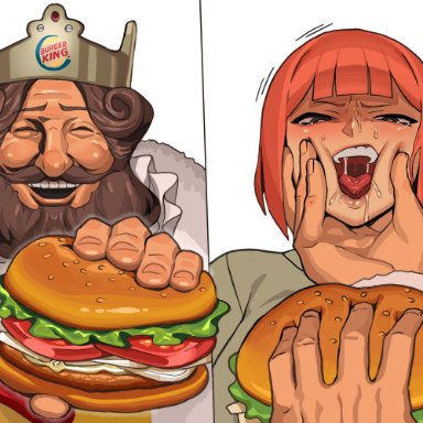 burger king, mcdonald's, the king (burger king), byunsang (artist), vulcan (ejel2000), 1boy, 1girls, beard, bob cut, burger, crying, food, funny, hamburger, king