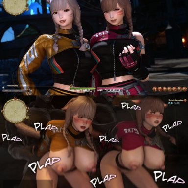 final fantasy, final fantasy xiv, miqo'te, kawaii awww, 2girls, areolae, before and after, big breasts, big nipples, blush, breasts, breasts out, captured, catgirl, challenge