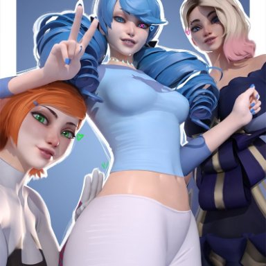 ben 10, cartoon network, league of legends, league of legends: wild rift, marvel, marvel comics, riot games, gwen (league of legends), gwen stacy, gwen stacy (spider-verse), gwen tennyson, popogori, 3girls, blue eyes, blue hair