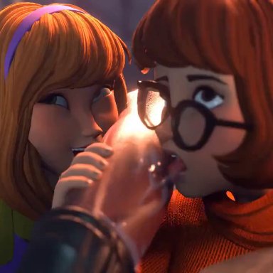 scooby-doo, daphne blake, velma dinkley, evilaudio, kassioppiava, rougenine, 1boy, 2girls, ahe gao, ahegao face, animal genitalia, double fellatio, double handjob, equine penis, fellatio