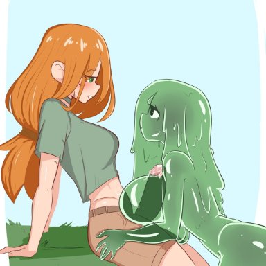 minecraft, alex (minecraft), slime (minecraft), ater18, 1futa, 1girls, big breasts, big penis, breasts, clothed, clothing, duo, erection, female, functionally nude