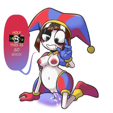 the amazing digital circus, pomni, kronossoul, areolae, blush, breasts, brown hair, cum, cum inside, female, female on top, female penetrated, jester, jester cap, jester costume