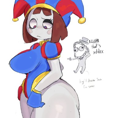 the amazing digital circus, pomni, koco gi, bare legs, big ass, big thighs, breasts, brown hair, clothing, female, gloves, grey skin, hips, jester costume, jester hat