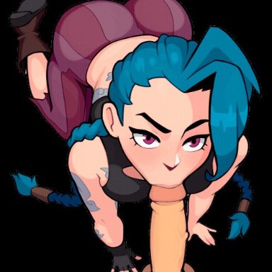 league of legends, jinx (league of legends), stinkstonegames, 1boy, 1girls, all fours, bent over, blowjob, blowjob face, blue hair, boots, female, female focus, fully clothed, fully clothed female