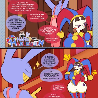 the amazing digital circus, jax (the amazing digital circus), pomni, dakkii, big breasts, brown hair, female, gloves, jester costume, jester hat, jester outfit, male, purple body, thick thighs, comic