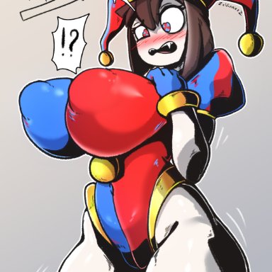 the amazing digital circus, pomni, zzvinniezz, big breasts, blush, brown hair, fangs, gloves, jester costume, jester hat, jester outfit, looking at breasts, thick thighs, white body, tagme