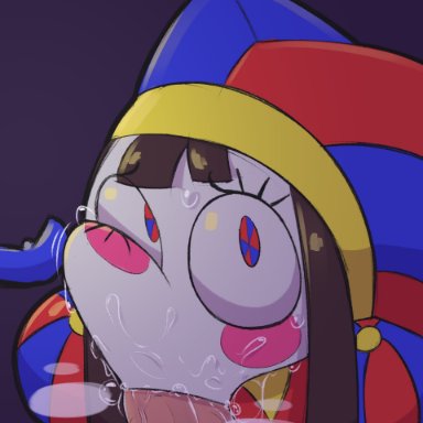 the amazing digital circus, pomni, 1girls, blush, blush stickers, brown hair, clown, clown girl, clussy, fellatio, jams draws, jester, jester cap, looking at viewer, penis