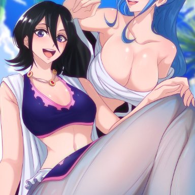 bleach, one piece, kuchiki rukia, nefertari vivi, opalisart, 2girls, black hair, blue hair, breasts, cleavage, cosplay, female, huge breasts, light skin, light-skinned female