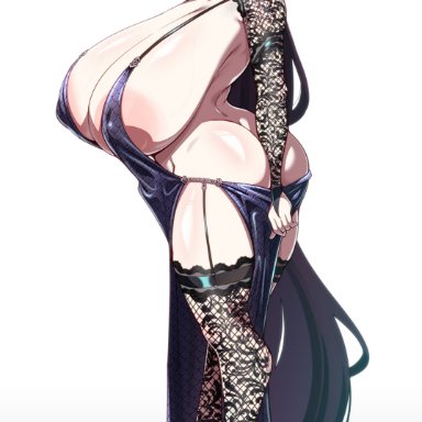 original, witch (konoshige), konoshige (ryuun), ryuun (stiil), 1girls, absurdly long hair, areola slip, areolae, ass, back, black dress, black gloves, black hair, blush, breast suppress