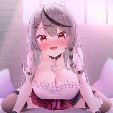 hololive, sakamata chloe, acg edit, gmkj, ahe gao, audible speech, black hair, bouncing breasts, breasts, camisole, cleavage, cowgirl position, crying, crying with eyes open, cum