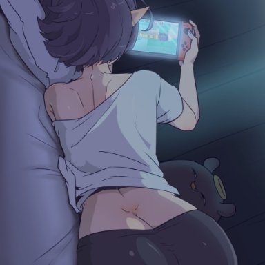 hololive, hololive english, nintendo, pikmin, ninomae ina'nis, moral cacoethes, ass, back view, big butt, butt crack, cute, nintendo switch, playing videogame