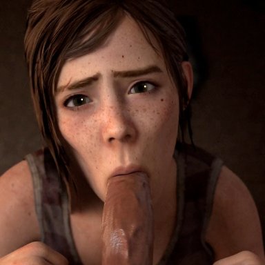 naughty dog, sony interactive entertainment, the last of us, ellie (the last of us), ellie williams, kyut, 1boy, 1girls, athletic female, blowjob, blowjob face, brown hair, clothed, clothing, duo