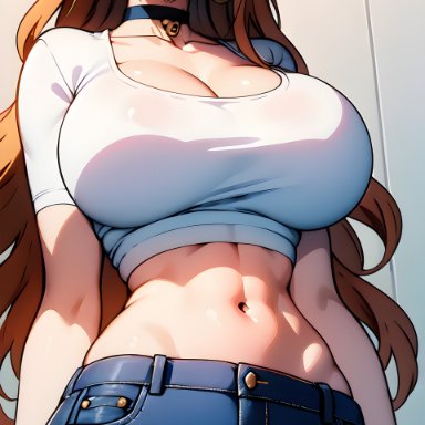 one piece, nami, nami (one piece), creamy ai, big breasts, blush, bracelet, brown eyes, choker, cleavage, crop top, earrings, hands behind back, jeans, long hair