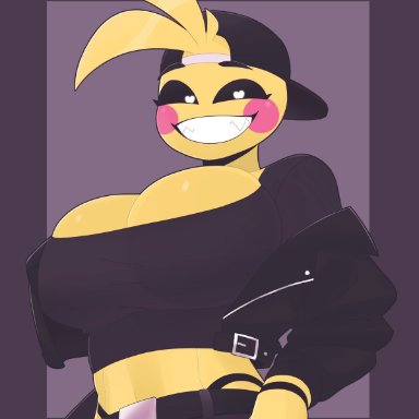 five nights at freddy's, toy chica (fnaf), 1female, 1girls, belt, belt buckle, big breasts, black jacket, black pants, black shirt, crop top, female, female focus, female only, heart eyes