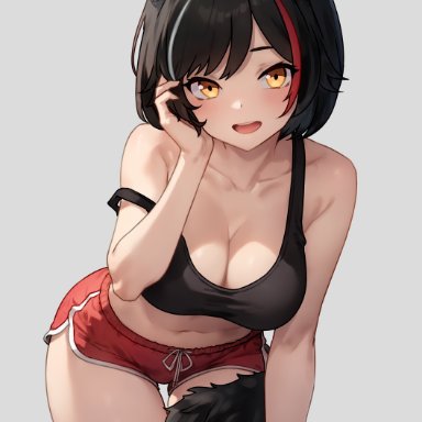 hololive, ookami mio, bluefield, 1girls, alternate hairstyle, black hair, booty shorts, breasts, cleavage, female, huge breasts, light skin, light-skinned female, short hair, short shorts