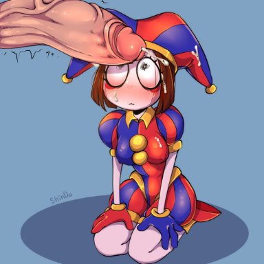 the amazing digital circus, pomni, shindortes, blush, brown hair, cum on clothes, cum shot, female, gloves, huge cock, jester costume, jester hat, jester outfit, male, precum