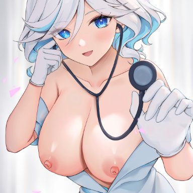 genshin impact, furina (genshin impact), ronnie z, :d, ahoge, alternate breast size, alternate costume, bare shoulders, blue eyes, blue hair, blush, breasts, breasts out, cleavage, collarbone