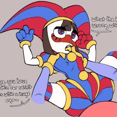 the amazing digital circus, jax (the amazing digital circus), pomni, blush, brown hair, clothes, erect nipples, female, gloves, jester costume, jester hat, jester outfit, licking finger, male, purple arms