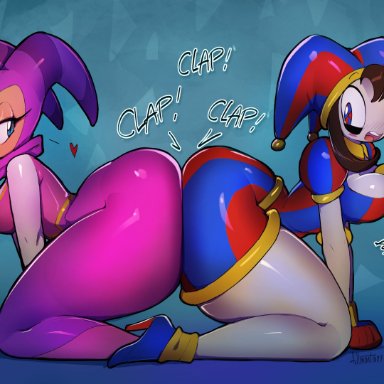 nights into dreams, the amazing digital circus, nights, pomni, fullmontis, 2girls, ass on ass, ass to ass, big ass, blush, bottom heavy, brown hair, brown skin, female, gloves