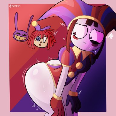 the amazing digital circus, jax (the amazing digital circus), pomni, ragatha, artist request, big ass, brown hair, female, gloves, jester, jester costume, jester hat, jester outfit, looking at ass, shaking ass