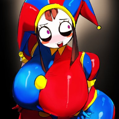 the amazing digital circus, pomni, my700, blush, brown hair, embarrassed, female, gloves, huge ass, huge breasts, huge thighs, jester costume, jester hat, jester outfit, tagme