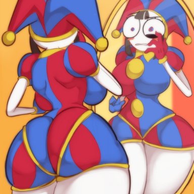 the amazing digital circus, pomni, lewddoodler, big breasts, brown hair, female, gloves, huge ass, jester costume, jester hat, jester outfit, large ass, mirror reflection, short hair, thick thighs