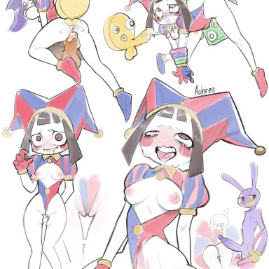 the amazing digital circus, jax (the amazing digital circus), pomni, artist request, ahe gao, anthro, ass, blue penis, blush, brown hair, bunny ears, cum in ass, cum in pussy, cum inside, cum leaking out of pussy