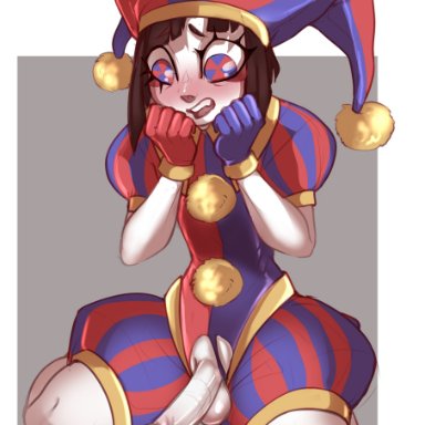 the amazing digital circus, pomni, burryro, 1boy, blush, brown hair, cum shot, embarrassed, femboy, gloves, jester, jester costume, jester hat, jester outfit, looking at penis