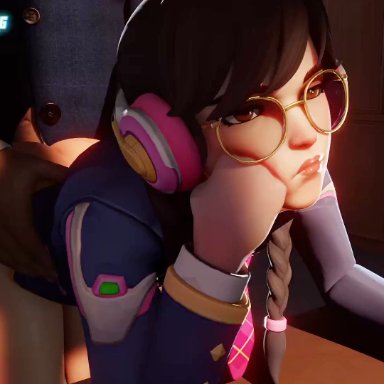 overwatch, d.va, baron von meowsberg, 1boy, 1girls, age difference, ass, big cock, big dick, big penis, bored, bored expression, bored sex, braid, brown hair