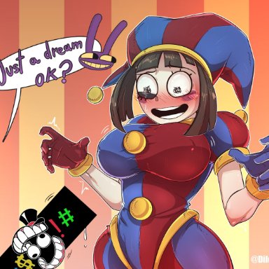 the amazing digital circus, jax (the amazing digital circus), pomni, dilow, big breasts, blush, brown hair, embarrassed, female, gloves, jester costume, jester hat, jester outfit, looking at penis, thighs