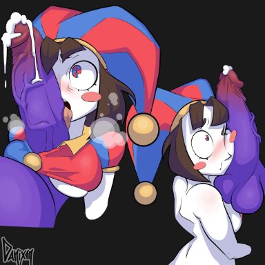 the amazing digital circus, pomni, danixon, big penis, blush, brown hair, female, gloves, hot air balloon, jester, jester costume, jester hat, jester outfit, licking penis, looking at penis