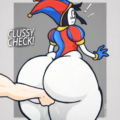 the amazing digital circus, pomni, biggy deez, deezysempai, 1boy1girl, ass bigger than body, ass bigger than head, basic background, big ass, big butt, big thighs, bottom heavy, clown, clown girl, clussy