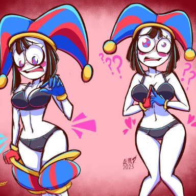 the amazing digital circus, pomni, rabbidsigner, black bra, black panties, blush, bra, brown hair, clothes falling off, confused, embarrassed, female, gloves, jester, jester costume