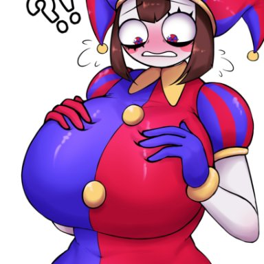 the amazing digital circus, pomni, zenikitsu, 1girls, big breasts, blush, breasts, brown hair, busty, clothed, clothing, clown, confused, embarrassed, female