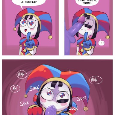 the amazing digital circus, jax (the amazing digital circus), pomni, procyonsfw star, 1boy, 1girls, blowjob, brown hair, clown, clown girl, female, gloves, jester, jester costume, jester hat