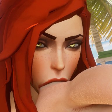 league of legends, miss fortune, sarah fortune, bewyx, 1boy, 1girls, ball sucking, balls, beach, big penis, close-up, earrings, freckles, light-skinned female, light-skinned male