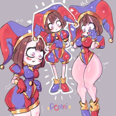 the amazing digital circus, pomni, lewdzurinderz, big thighs, brown hair, embarrassed, female, gloves, jester, jester costume, jester hat, jester outfit, looking down, medium breasts, short hair