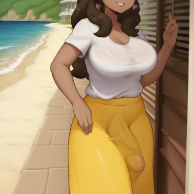 pokemon, pokemon sm, mother (pokemon sm), flordulce, beach, brown hair, clothed futanari, erection, erection under clothes, fully clothed, futanari, glasses, long hair, looking at viewer, milf