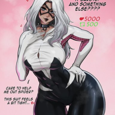 marvel, marvel comics, spider-man (ps4), spider-man (series), black cat (marvel), felicia hardy, gwen stacy (cosplay), spider-gwen (cosplay), aelion draws, 1girls, blue eyes, breasts, female, hips, huge breasts