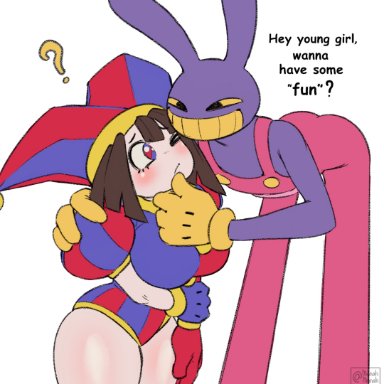 the amazing digital circus, jax (the amazing digital circus), pomni, mai munah, anthro, big breasts, brown hair, bunny ears, confused, female, gloves, hand on face, human, human on anthro, jester