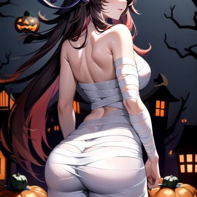 genshin impact, halloween, mihoyo, hu tao (genshin impact), 1girls, alternate costume, ass, bare shoulders, blush, breasts, brown hair, female, female only, from behind, halloween costume