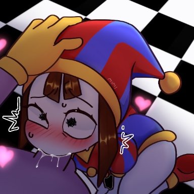 the amazing digital circus, jax (the amazing digital circus), pomni, artist request, blush, brown hair, cum in mouth, female, gloves, heart, holding head, jester, jester costume, jester hat, jester outfit