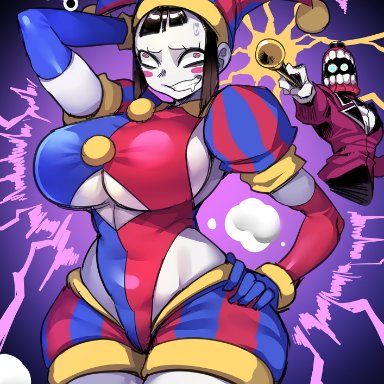 the amazing digital circus, pomni, cnmbwjx, big breasts, big thighs, brown hair, confused, female, gloves, huge breasts, huge thighs, jester, jester costume, jester hat, jester outfit